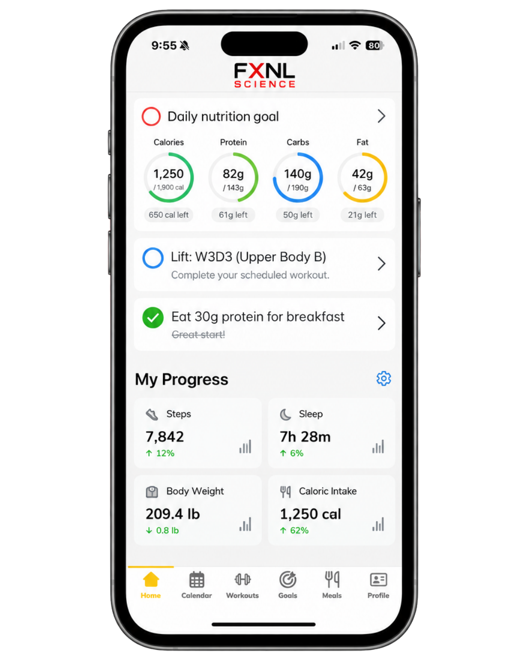 FXNL app dashboard showing nutrition goals, scheduled workout, and progress