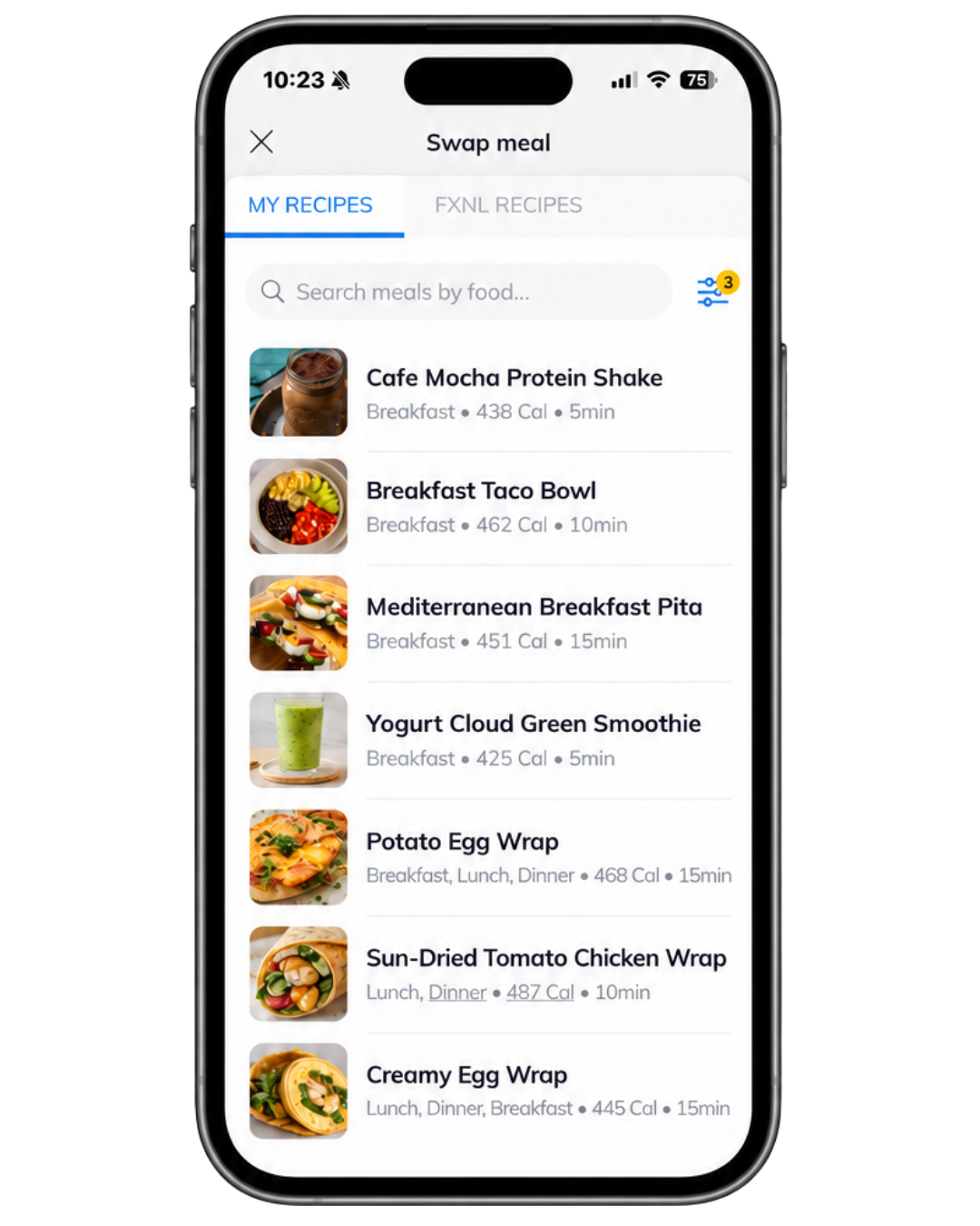 FXNL app meal swapping with recipe options